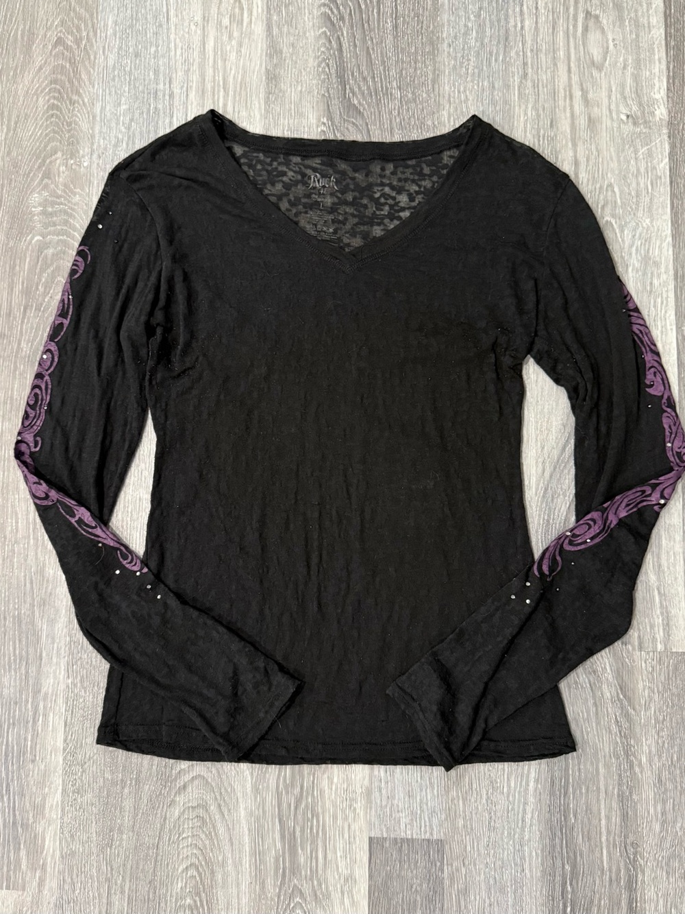 VTG Y2K Rock Black Burnout Long Sleeve Purple Tribal Tattoo Sleeves & Rhinstones